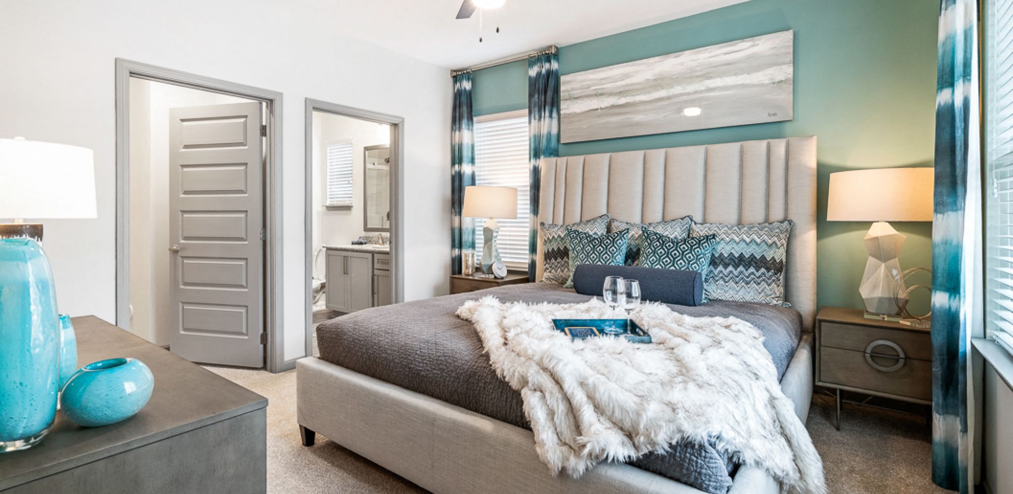 Hawthorne at The Glen main bedroom with modern bed furnishing and ceiling fan